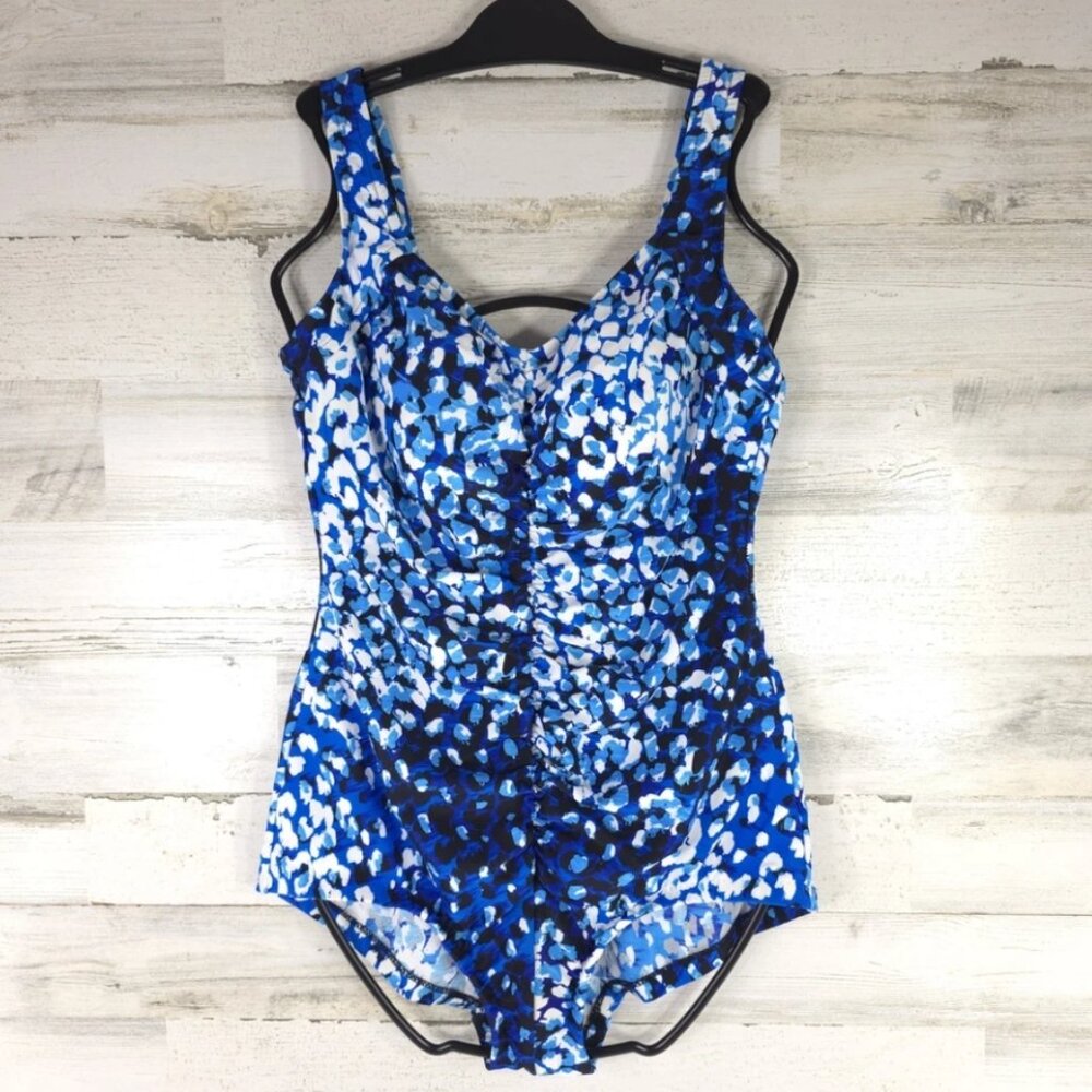 VINTAGE MAXINE OF HOLLYWOOD BLUE ONE-PIECE SWIMSUIT WOMEN'S SIZE 14 ANIMAL PRINT
